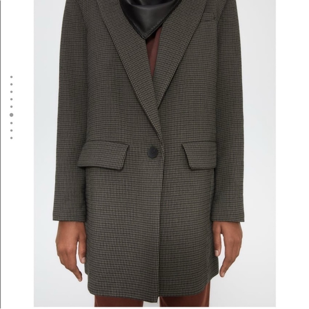 Zara Houndstooth Shoulder-pad Brown Blazer, Wool Blend, Size L, Classic Career - Picture 4 of 12